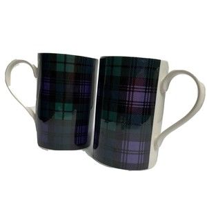 Dunoon Scotland Mugs 2 PC Coffee Cup Set Stoneware Black Watch Tartan Plaid 10oz